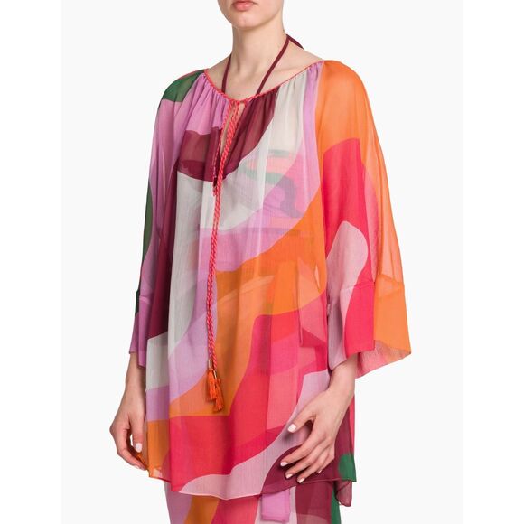 NWT Etro Tassel Tie Quarter Sleeve Semi Sheer Wavy Print Tunic Top Multicolor IT - Picture 2 of 11